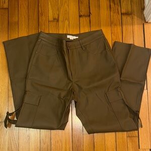 Women’s Faux Leather Olive Cargo Pants with Side Pockets